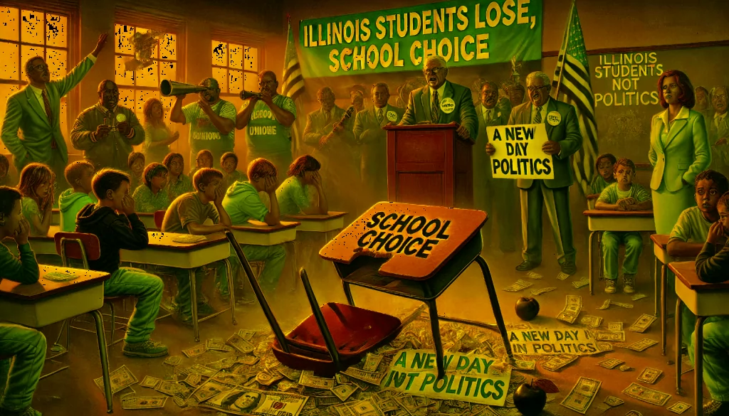 **Alt Text:** A classroom with a broken desk labeled "School Choice" surrounded by upset children. In the background, union leaders count money under a banner reading "A New Day in Illinois," while a frustrated parent holds a sign saying "Education, Not Politics," symbolizing the loss of opportunities for low-income students due to union influence.