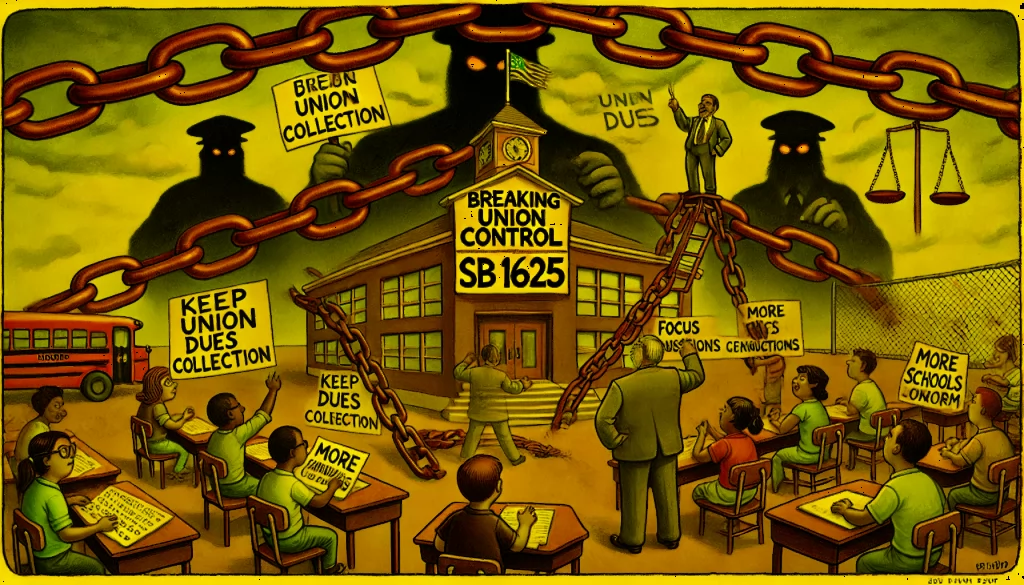 A 4x6 satirical illustration titled "Breaking Union Control: SB 1625 and Education Reform," showing a school building wrapped in chains labeled "Union Dues Collection," being broken by a lawmaker holding a scroll marked "SB 1625." In the foreground, children sit at desks holding signs reading "Keep Schools Open" and "Focus on Learning," while shadowy union bosses in the background hold signs demanding "More Concessions," symbolizing the push for student-focused education reform.