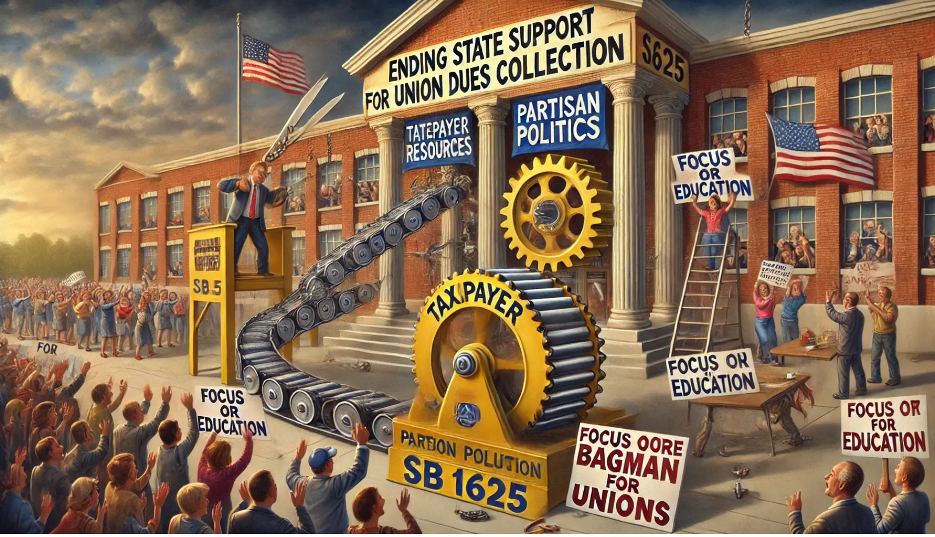 A school building with a conveyor belt labeled "Taxpayer Resources" feeding into a union machine marked "Partisan Politics." In the foreground, a lawmaker cuts the conveyor belt with large scissors while holding a scroll labeled "SB 1625." Nearby, parents and students cheer with signs saying "Focus on Education" and "No More Bagman for Unions," symbolizing efforts to reform union influence in education funding.