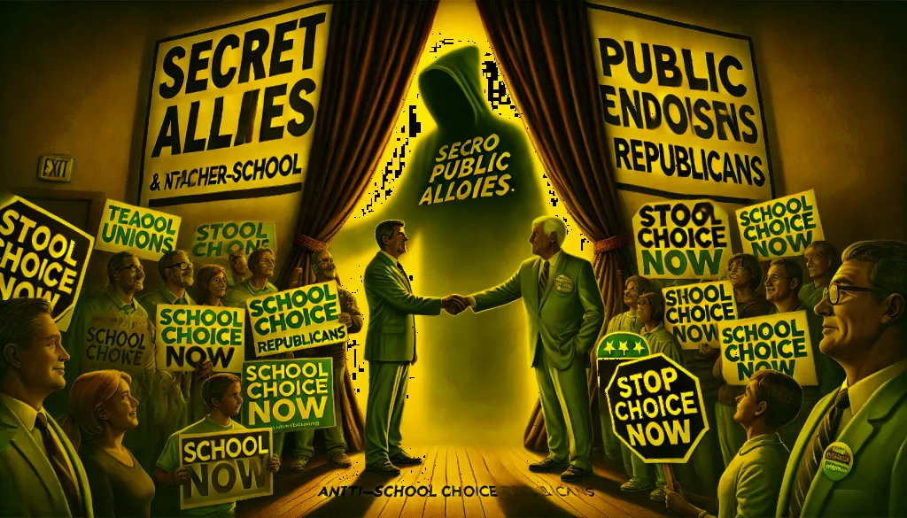 A shadowy handshake between a union leader and a Republican lawmaker behind a curtain labeled "No Public Endorsements." In the foreground, parents hold signs like "School Choice Now" and "Stop Union Influence," symbolizing hidden alliances working against educational reform and parental rights.