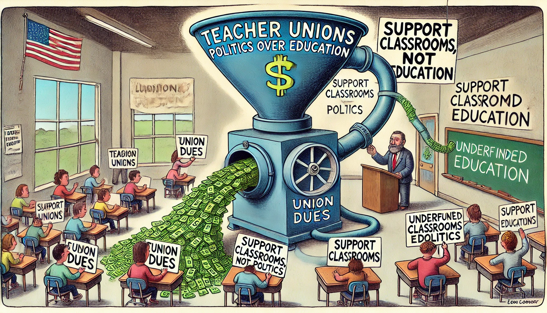 A 4x6 satirical illustration titled "Teacher Unions: Politics Over Education," showing a classroom where a large funnel labeled "Union Dues" channels money into a political machine, which produces campaign signs for progressive causes. Frustrated teachers in the foreground hold signs reading "Support Classrooms, Not Politics," while students sit at desks labeled "Underfunded Education," symbolizing the diversion of resources from education to political agendas.