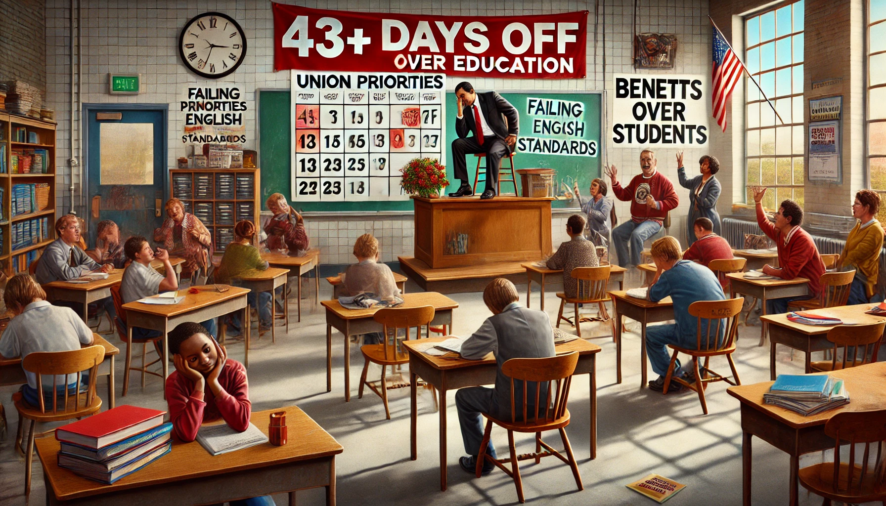 A classroom scene titled "Union Priorities: Time Off Over Education," featuring an empty teacher's desk labeled "43+ Days Off" and a calendar marked "More Leave Demanded." In the background, struggling students hold books labeled "Failing English Standards," while union leaders celebrate under a banner reading "Benefits Over Students," highlighting the gap between union demands and educational accountability.