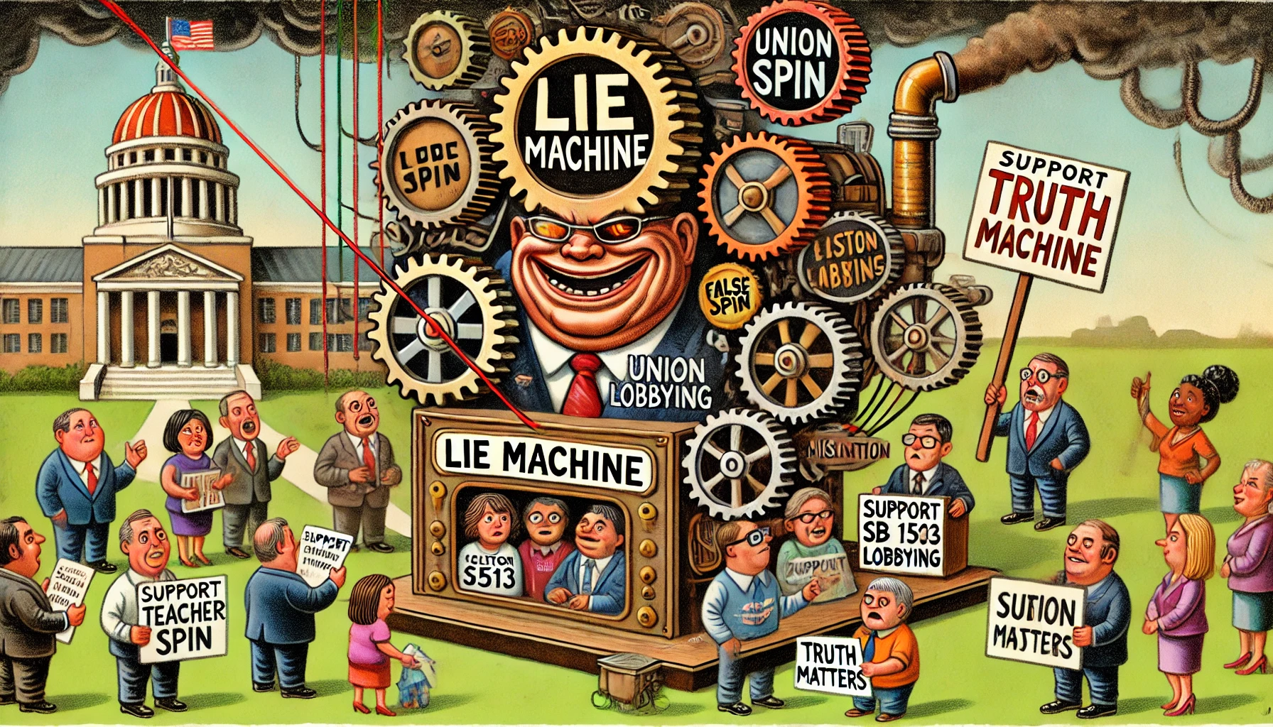 cartoon image of a union lie machine