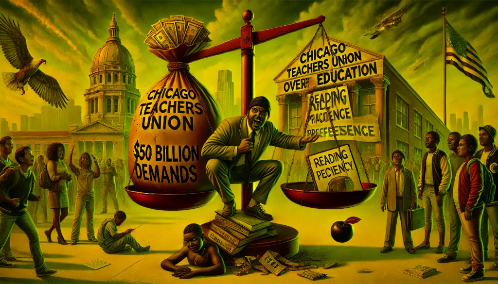 **Alt Text:** A symbolic image titled "Chicago Teachers Union: Radical Demands Over Education," showing a tipped scale with a massive sack labeled "$50 Billion Demands" outweighing a struggling taxpayer and a student holding an empty book labeled "Reading Proficiency." In the background, a school building repurposed into "Migrant Housing" displays a banner reading "Transformative Change," while union leaders celebrate.