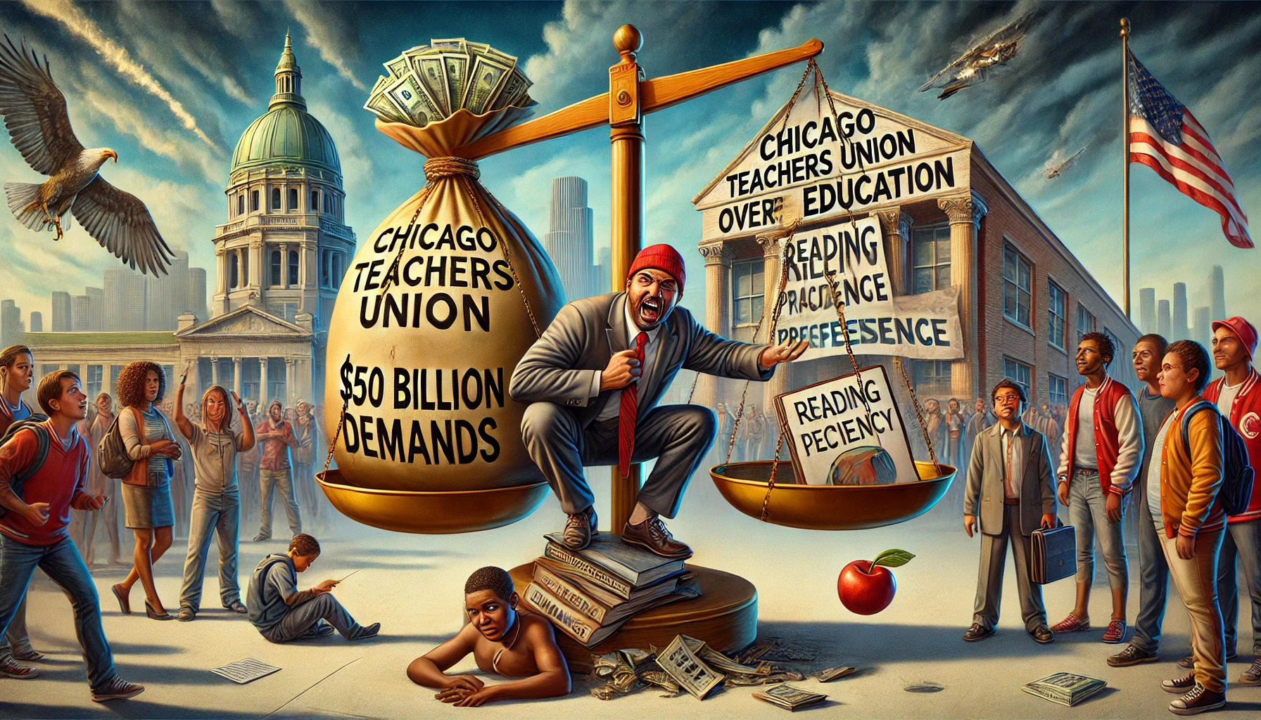 **Alt Text:** A symbolic image titled "Chicago Teachers Union: Radical Demands Over Education," showing a tipped scale with a massive sack labeled "$50 Billion Demands" outweighing a struggling taxpayer and a student holding an empty book labeled "Reading Proficiency." In the background, a school building repurposed into "Migrant Housing" displays a banner reading "Transformative Change," while union leaders celebrate.