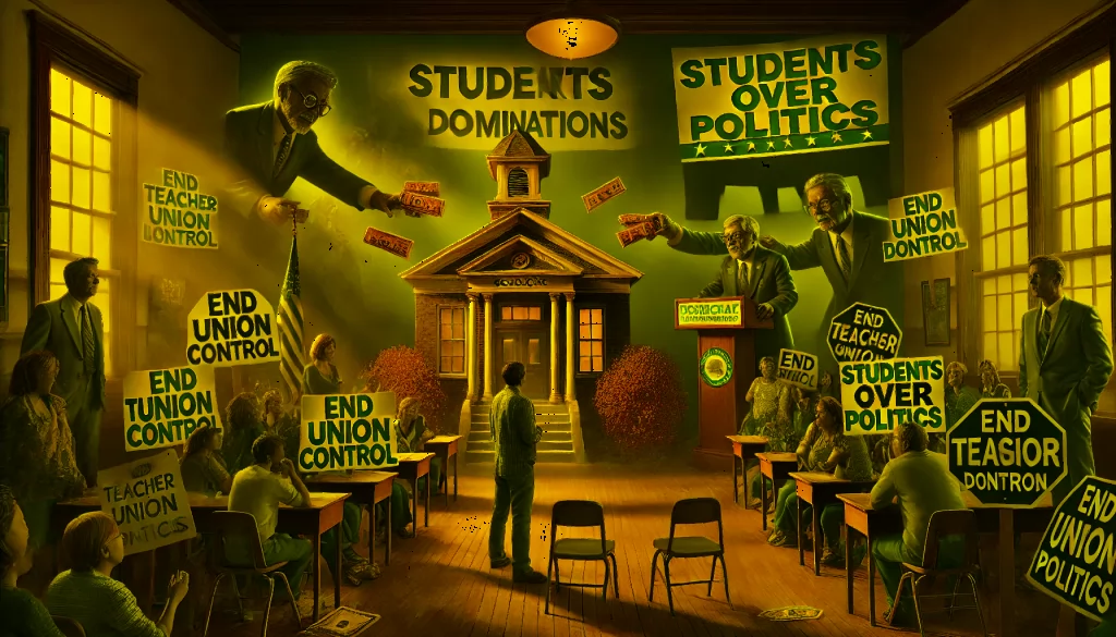 **Alt Text:** A schoolhouse surrounded by parents holding signs reading "End Union Control" and "Students Over Politics." In the background, shadowy union figures funnel cash labeled "Political Contributions" toward Democratic campaign banners, while frustrated parents confront indifferent lawmakers, symbolizing the clash over accountability and educational reform.