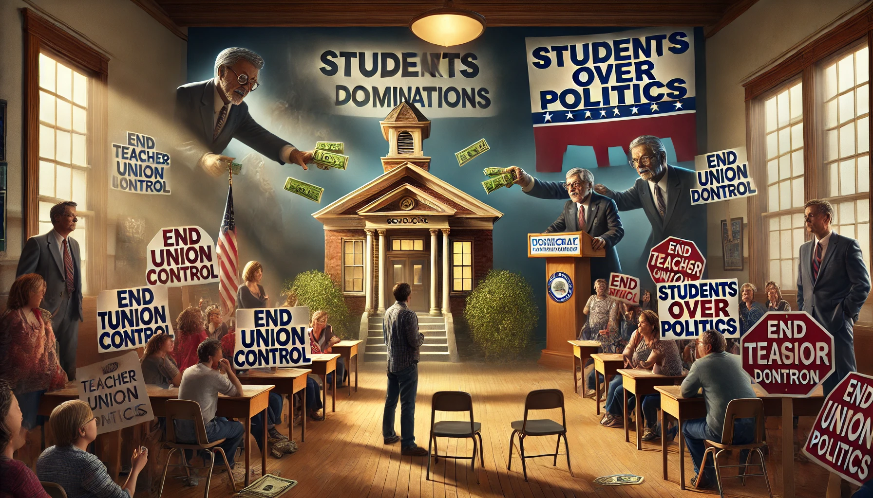 **Alt Text:** A schoolhouse surrounded by parents holding signs reading "End Union Control" and "Students Over Politics." In the background, shadowy union figures funnel cash labeled "Political Contributions" toward Democratic campaign banners, while frustrated parents confront indifferent lawmakers, symbolizing the clash over accountability and educational reform.