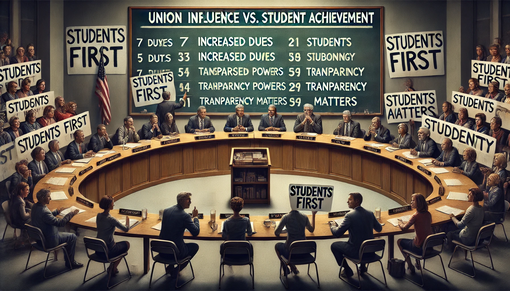 A school board meeting scene titled "Union Influence vs. Student Achievement," with 7 out of 10 seats occupied by figures labeled "Union-Backed Candidates" prioritizing union interests listed on a chalkboard. On the other side, parents and students hold signs reading "Students First" and "Transparency Matters," highlighting the tension between union influence and student-focused priorities.