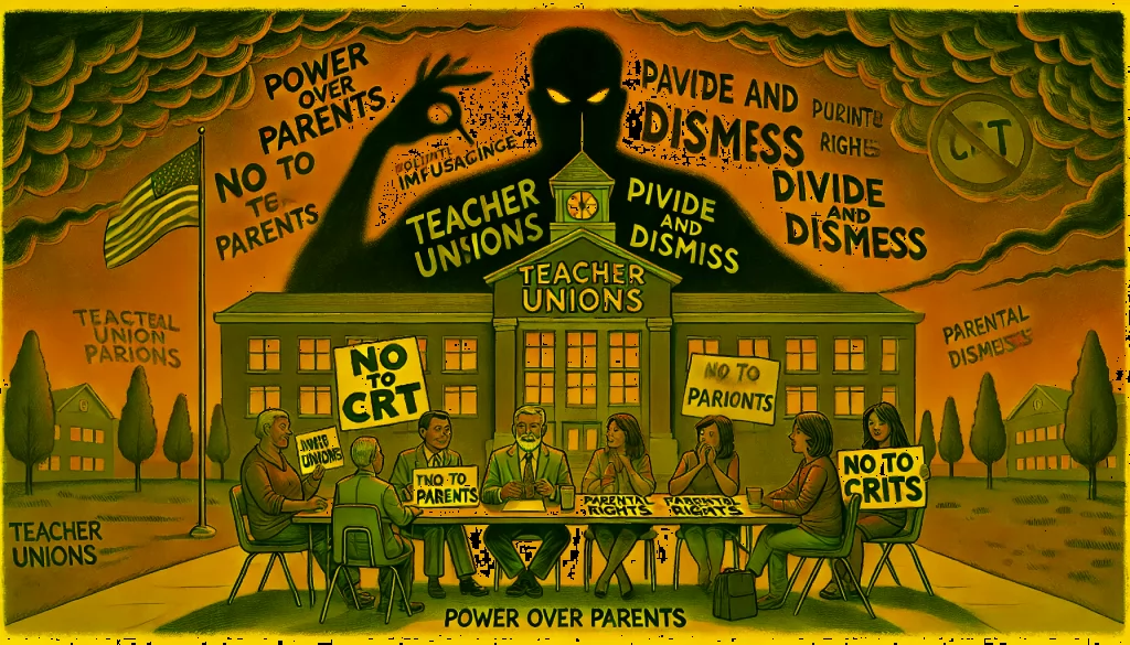 A 4x6 satirical illustration titled "Teacher Unions: Power Over Parents," featuring a school building overshadowed by a dark shadow labeled "Union Influence." Parents below hold signs saying "No to CRT" and "Parental Rights." In the background, union figures sit at a table marked "Political Messaging," surrounded by documents labeled "Divide and Dismiss," symbolizing control over narratives and suppression of parental dissent.