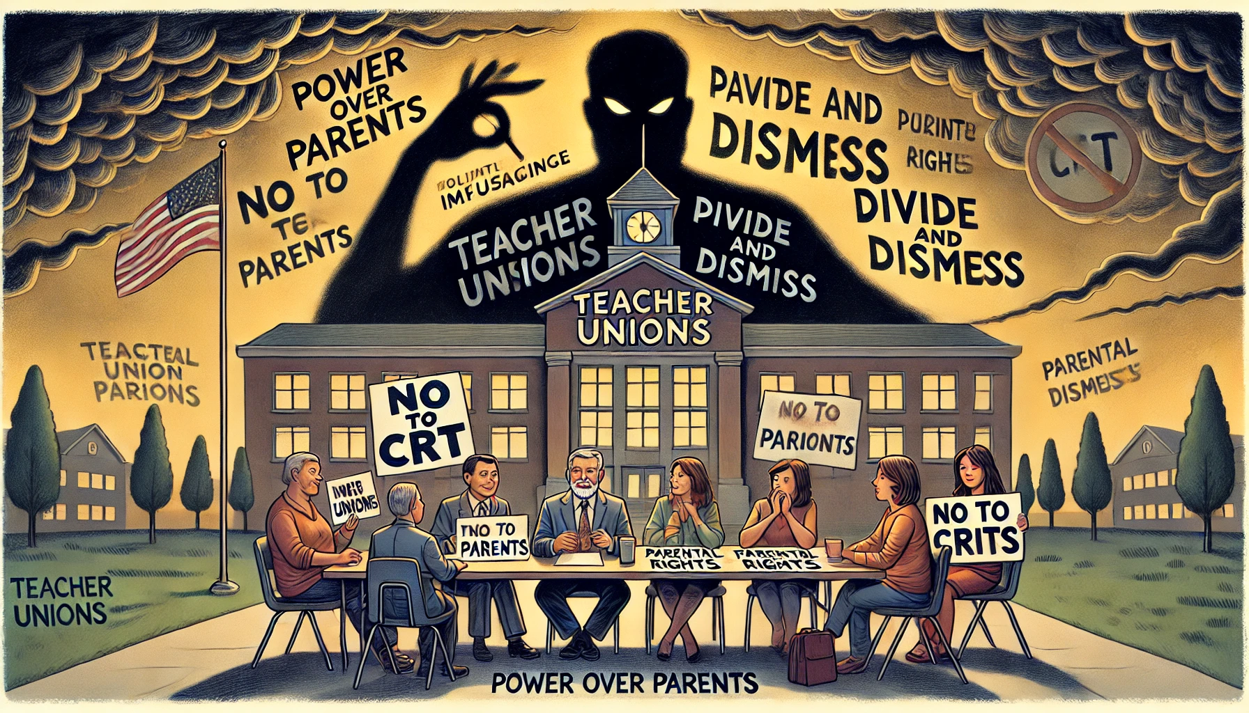 A 4x6 satirical illustration titled "Teacher Unions: Power Over Parents," featuring a school building overshadowed by a dark shadow labeled "Union Influence." Parents below hold signs saying "No to CRT" and "Parental Rights." In the background, union figures sit at a table marked "Political Messaging," surrounded by documents labeled "Divide and Dismiss," symbolizing control over narratives and suppression of parental dissent.