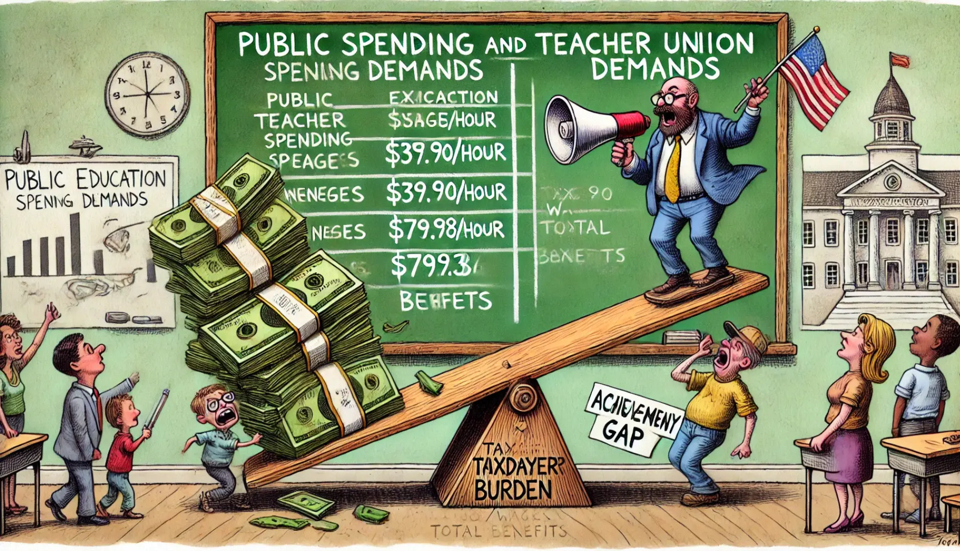 A satirical 4x6 landscape illustration showing a seesaw with cash stacked on one side labeled "Public Education Spending," heavily outweighing the other side labeled "Taxpayer Burden," where struggling taxpayers hold empty wallets. A union boss stands atop the cash pile with a megaphone labeled "More Funding." In the background, a chalkboard displays a chart comparing teacher wages ($37.90/hour) to total benefits ($79.38/hour), and a crumbling school building is labeled "Achievement Gap."