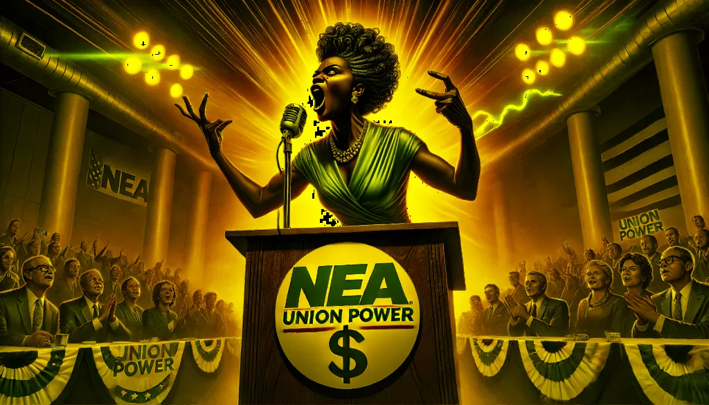 **Alt Text:** A Black woman passionately speaking at an "NEA" podium with dramatic gestures and an intense expression. Behind her, banners reading "Union Power," large dollar signs, and a cheering crowd emphasize union influence. The scene is illuminated with dramatic lighting, highlighting her powerful presence and energy.