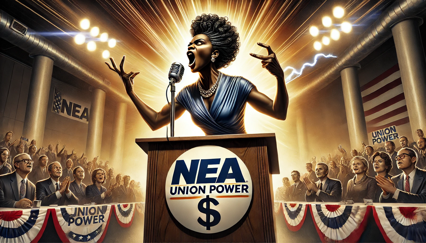 **Alt Text:** A Black woman passionately speaking at an "NEA" podium with dramatic gestures and an intense expression. Behind her, banners reading "Union Power," large dollar signs, and a cheering crowd emphasize union influence. The scene is illuminated with dramatic lighting, highlighting her powerful presence and energy.