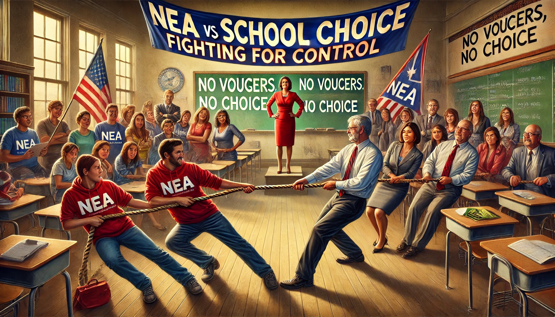 An illustration of a tug-of-war between parents advocating for 'School Choice for Students' and NEA President Becky Pringle with union representatives pulling against them with a banner labeled 'No Vouchers, No Choice.' The background features a classroom divided: one side vibrant and filled with opportunities, while the other is dimly lit, with stacks of union dues funneling into a political machine.