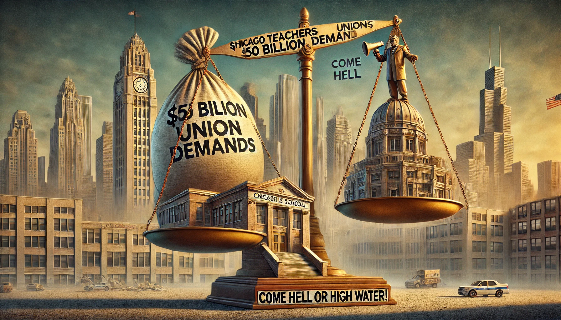 An illustration of a tipping scale with a massive bag labeled '$50 Billion Union Demands' overpowering a fragile school building labeled 'Chicago Public Schools.' The background depicts a city crumbling under financial strain, while a union leader with a megaphone shouts, 'Come hell or high water!' symbolizing the unsustainable demands of the Chicago Teachers Union.