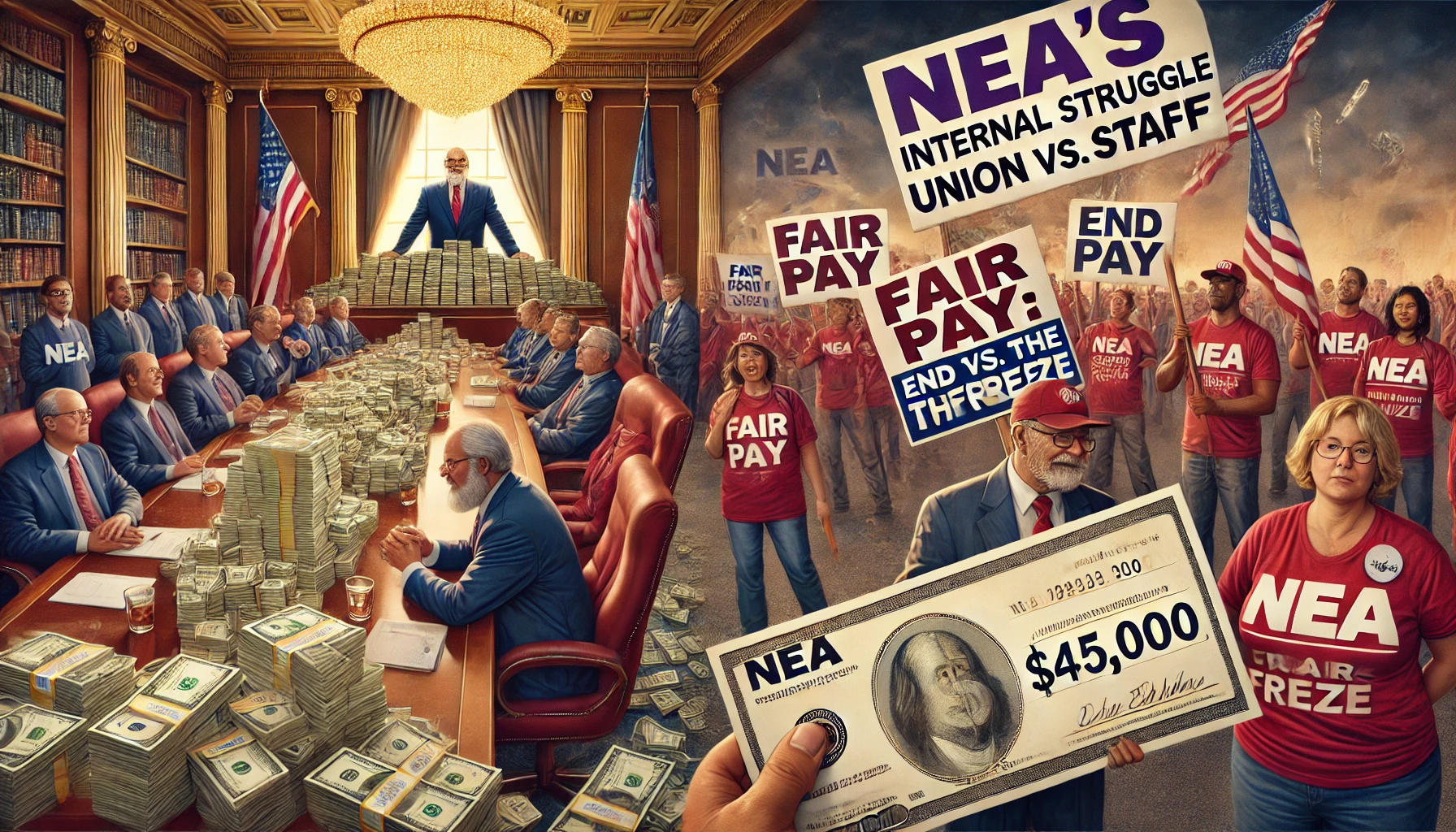 A split scene titled "NEA’s Internal Struggle: Union vs. Staff." On the left, a lavish NEA boardroom with executives counting stacks of money symbolizes power and wealth. On the right, striking union staff hold picket signs reading "Fair Pay" and "End the Freeze." In the background, a frustrated teacher holds a paycheck labeled "$45,000," with a thought bubble showing unmet classroom needs like books and supplies.