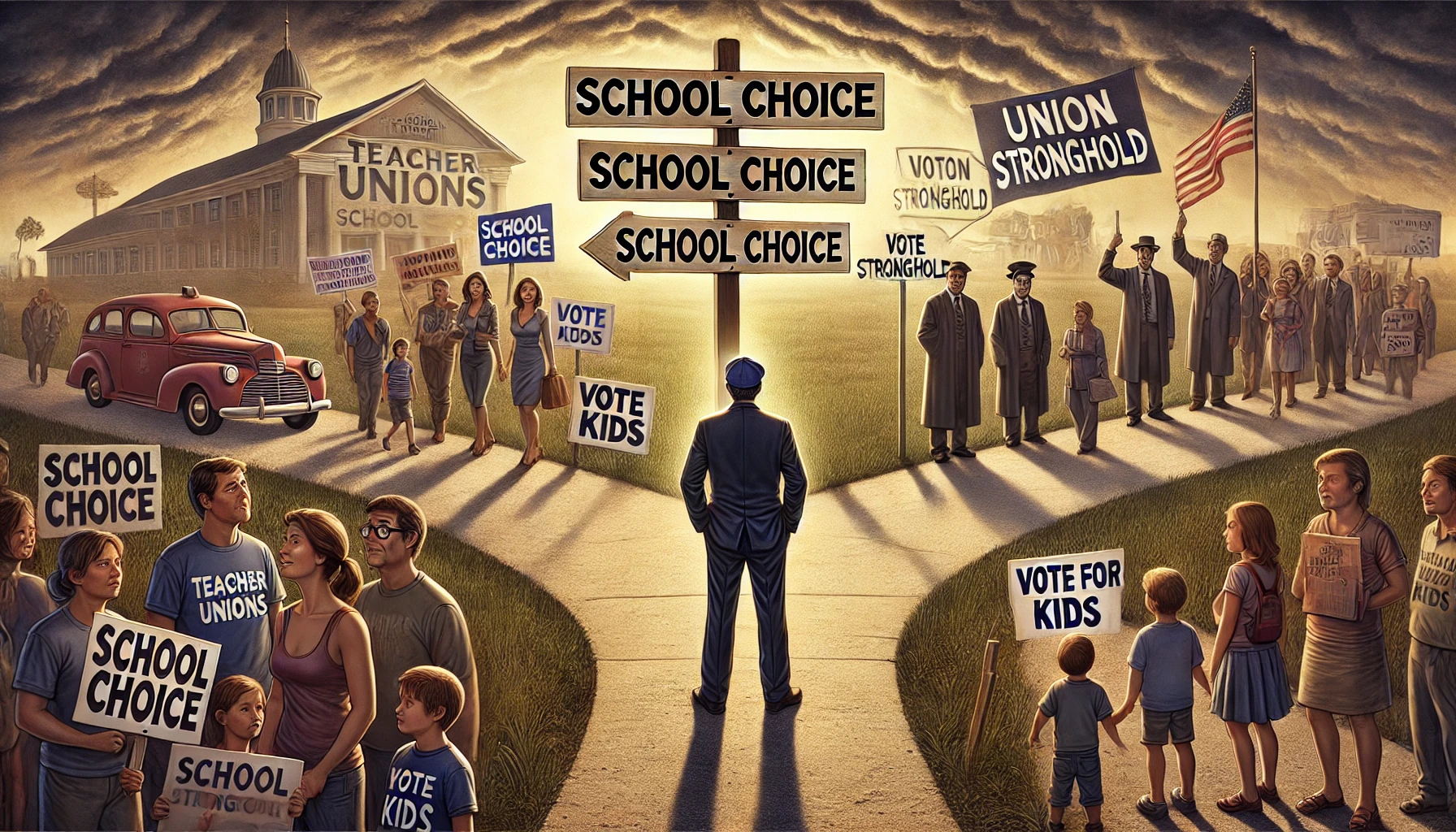 A fork in the road with two signs: "School Choice" leading to a thriving school and "Teacher Unions" leading to a dilapidated building. Parents push past a union leader blocking the "School Choice" path.