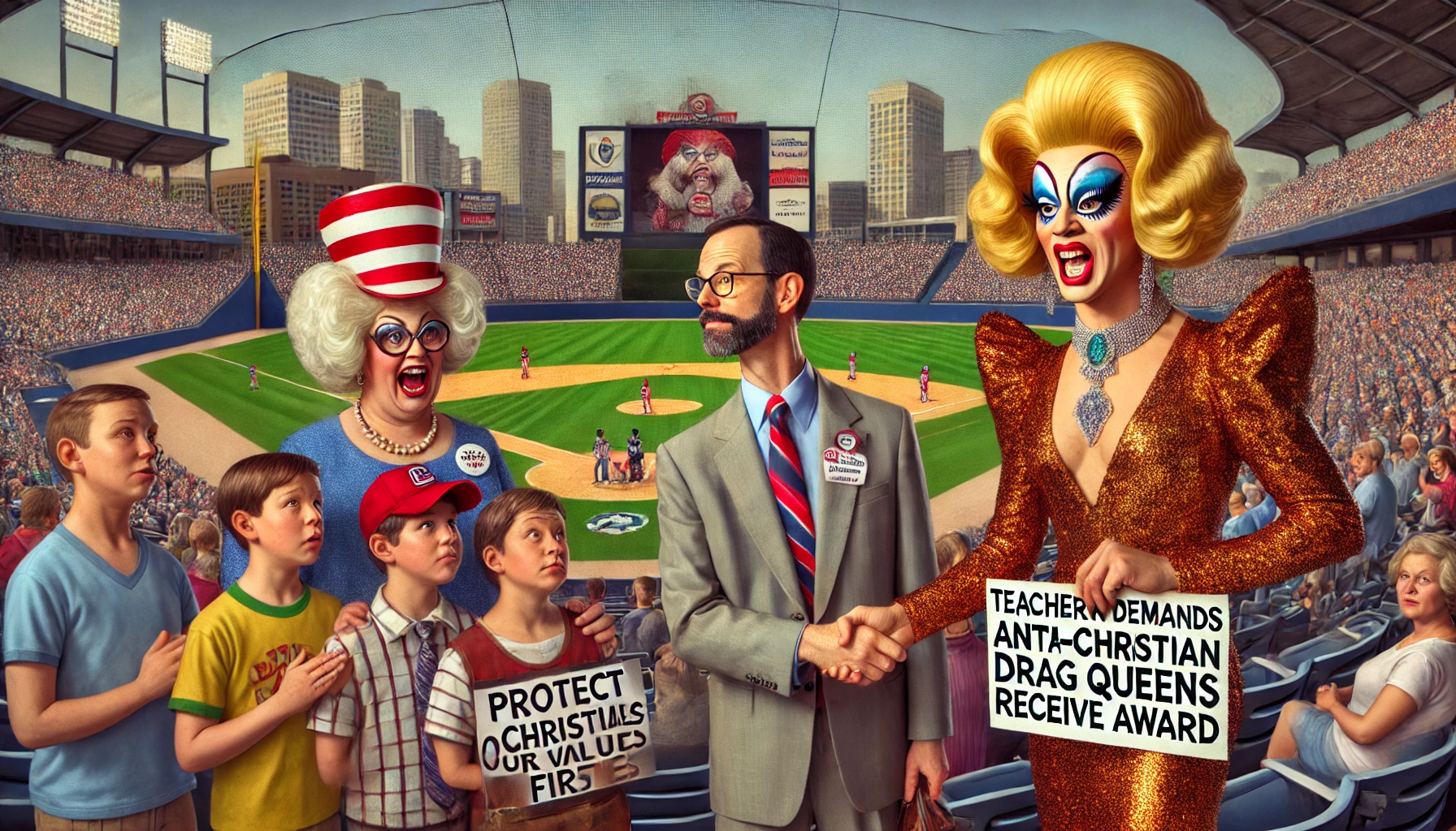 A stadium scene with a baseball game in the background. In the foreground, a teacher union leader shakes hands with caricatured drag queens symbolizing a controversial activist group. Frustrated parents in the stands hold signs reading "Protect Our Values" and "Education First," highlighting the conflict between union-backed activism and public sentiment.