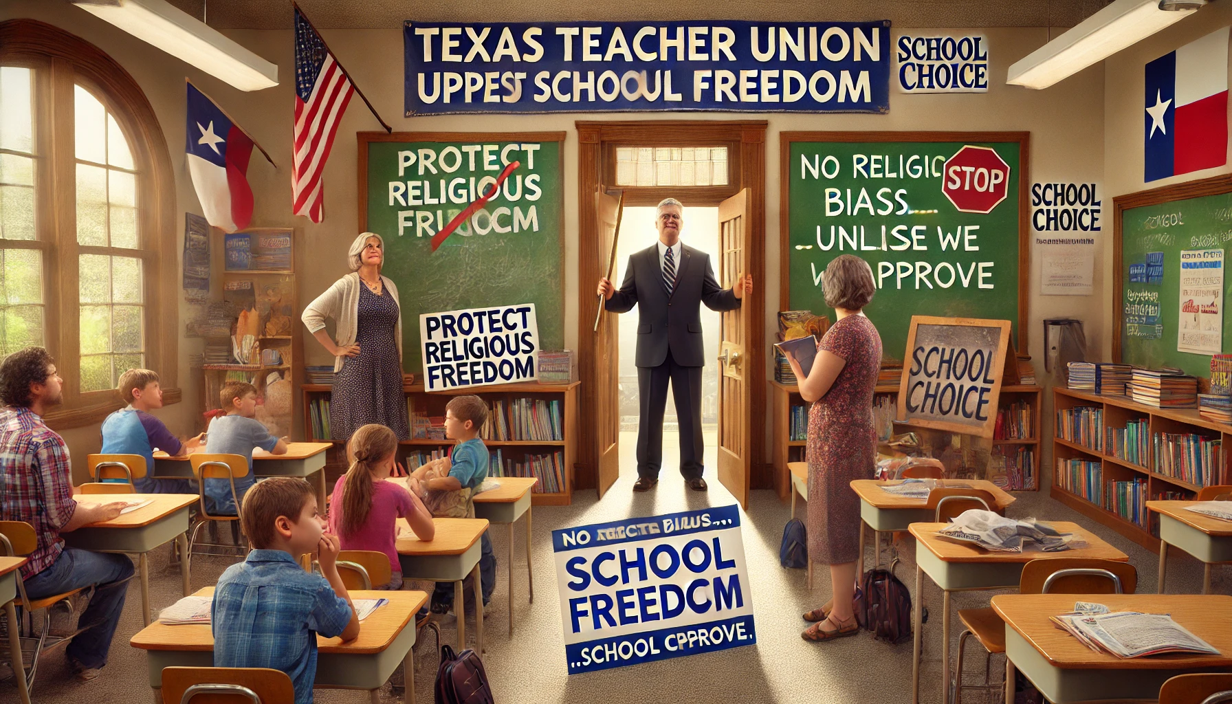 **Alt Text:** A classroom scene with a teacher union representative holding a sign that reads "Protect Religious Freedom" while blocking a doorway labeled "School Choice." Confused parents and students watch, and a chalkboard in the background displays the text "No Religious Bias... Unless We Approve," highlighting the union's contradictory stance.