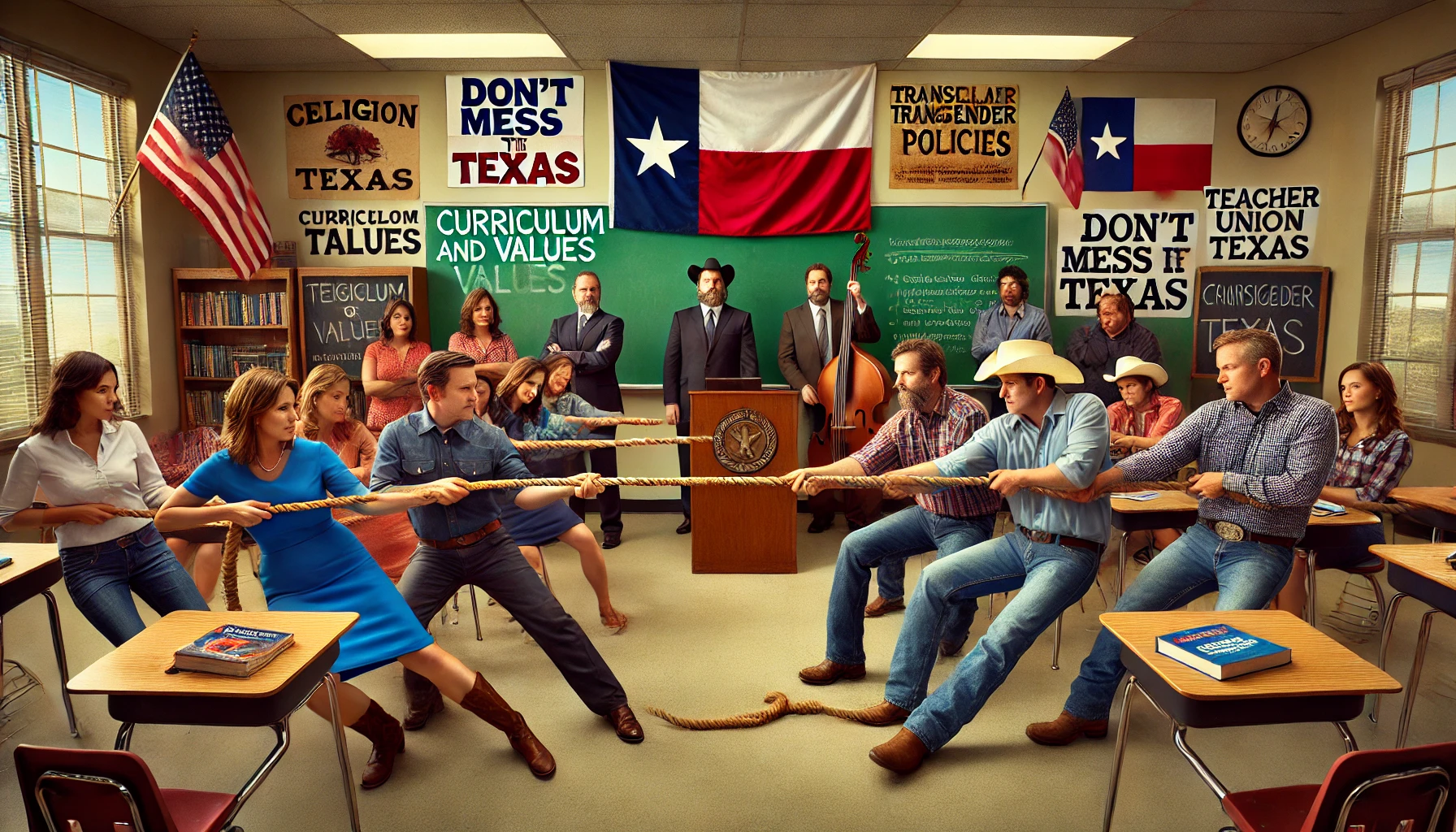 **Alt Text:** A Texas-themed classroom with teacher union leaders and parents engaged in a tug-of-war over a rope labeled "Curriculum and Values." The classroom features a Texas flag, a "Don't Mess With Texas" poster, and cowboy hats, while a chalkboard in the background lists controversial topics like "Religion," "Transgender Policies," and "Radical Ideologies."