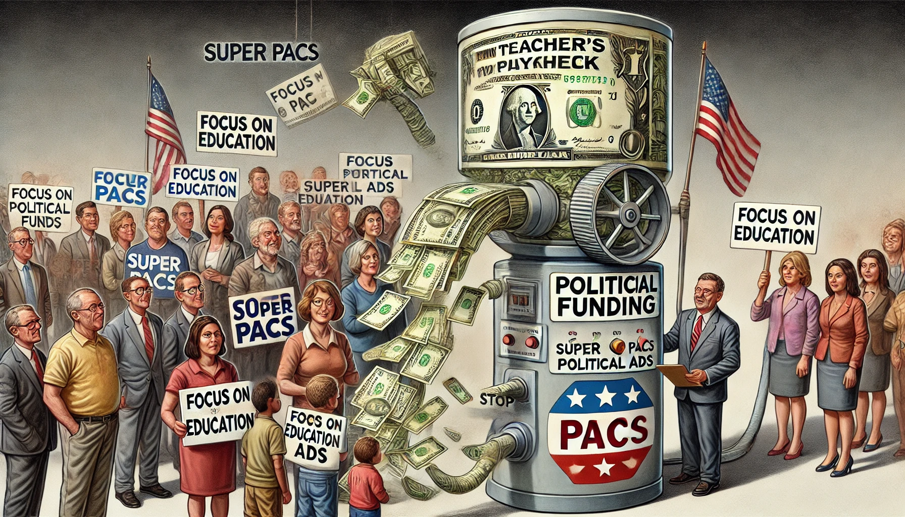 **Alt Text:** A teacher’s paycheck being funneled into a machine labeled "Political Funding," with dollar bills turning into signs reading "Super PACs" and "Political Ads," while frustrated parents and educators hold signs saying "Focus on Education" and "Stop Misuse of Funds."